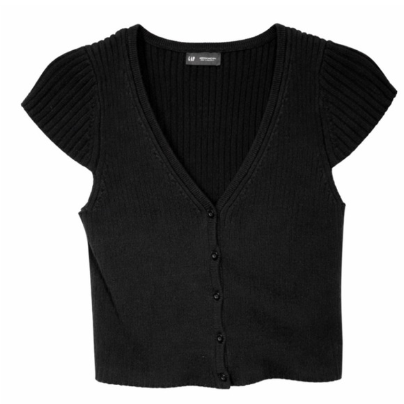 GAP Black Ribbed Button-Up Cardigan Tee - Picture 2 of 4